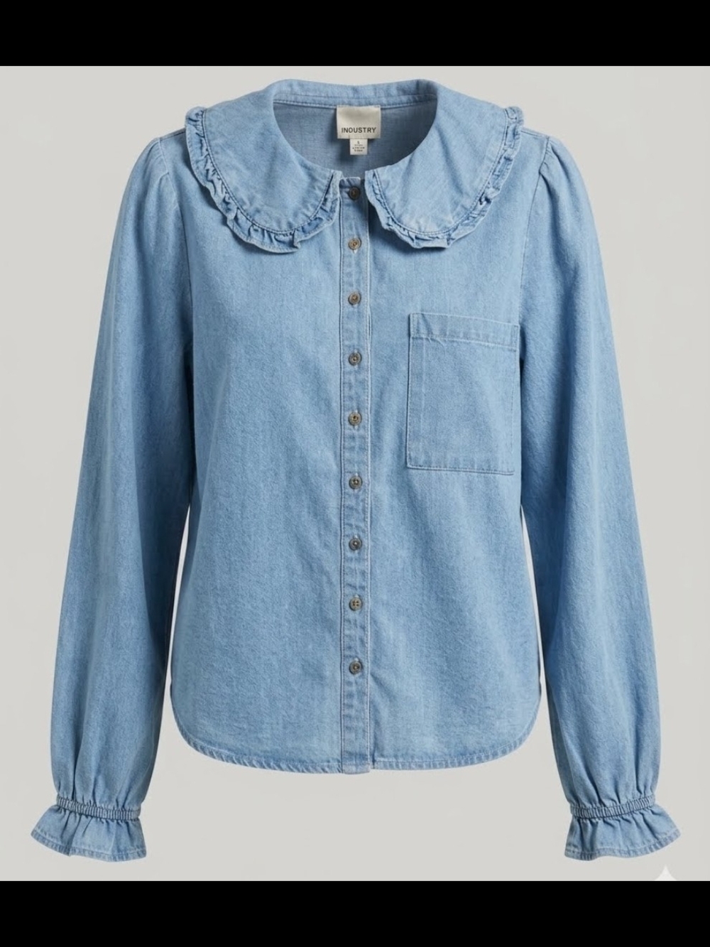 NWT Light Blue Ruffle Collar Denim Shirt, Sz Large